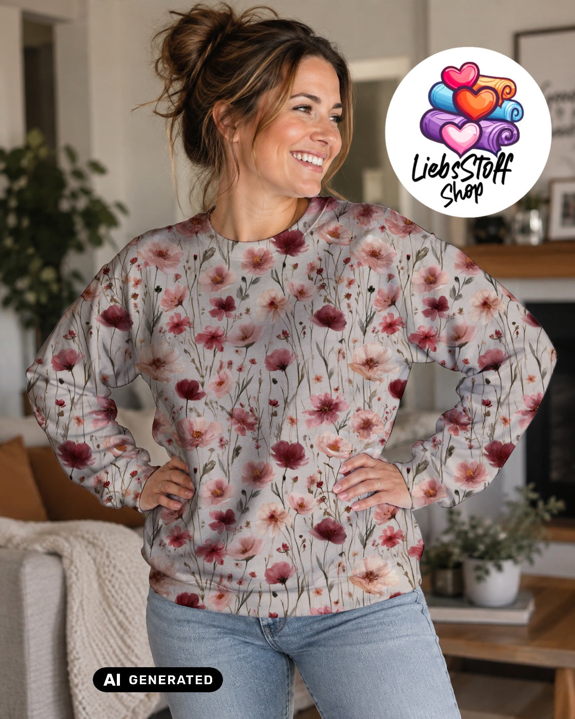 Meterware Stoff Pink Rosa Blumen Grau