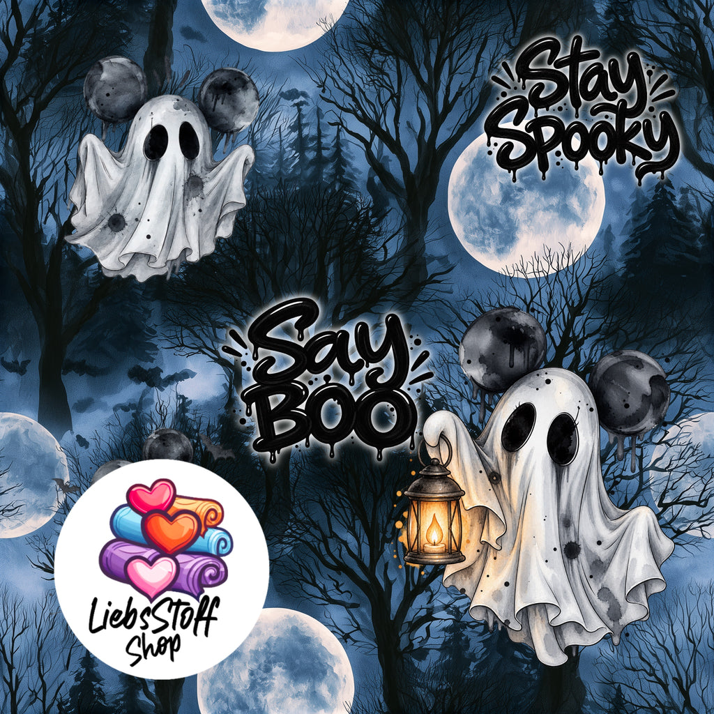 Meterware Stoff Halloween Say Boo Geister