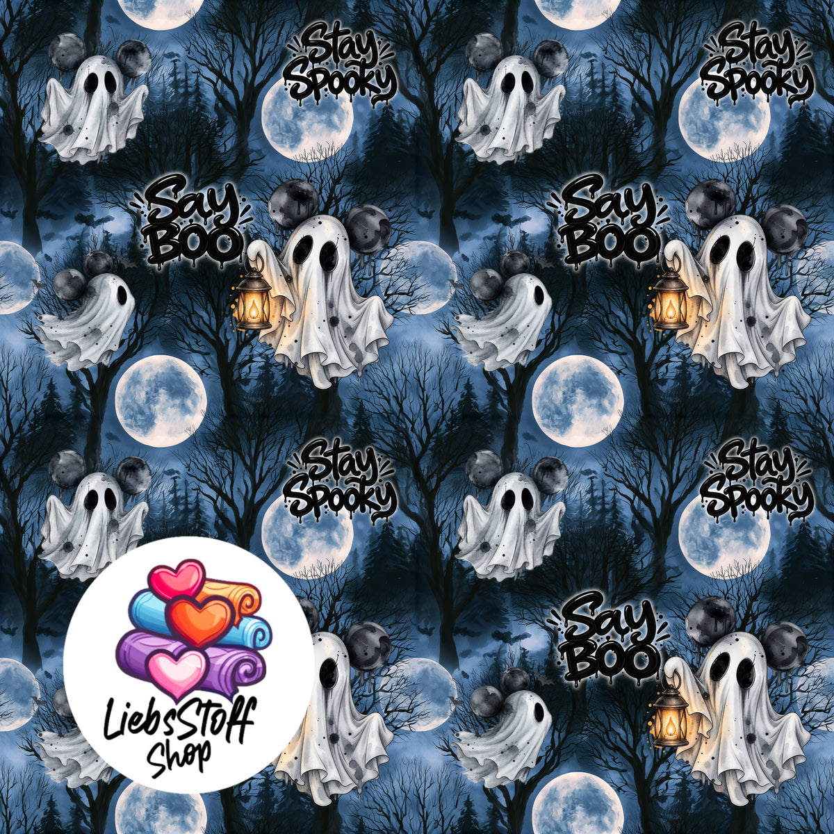 Meterware Stoff Halloween Say Boo Geister