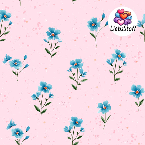 Meterware Bio Kinderstoff süße blaue Blümchen auf Rosa Stoff Jersey spring exklusiv Eigenproduktion French Terry Musselin Baumwolle