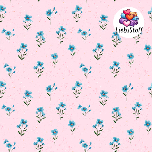 Meterware Kinderstoff Süße blaue Blümchen auf Rosa Jersey spring