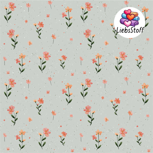 Meterware Kinderstoff Süße orangen Blümchen auf grün Jersey spring