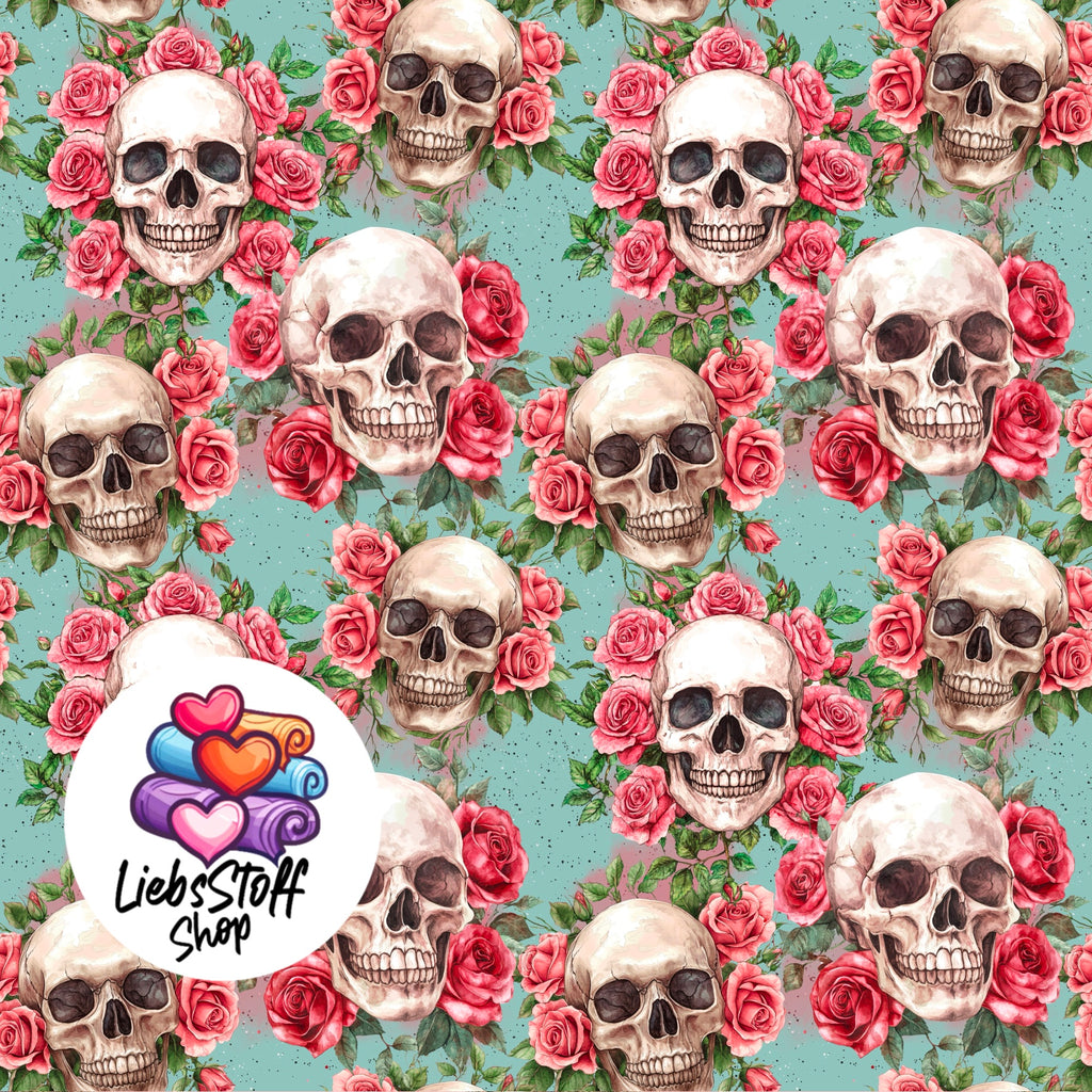 Meterware Stoff Totenkopf in Rosen auf Mini