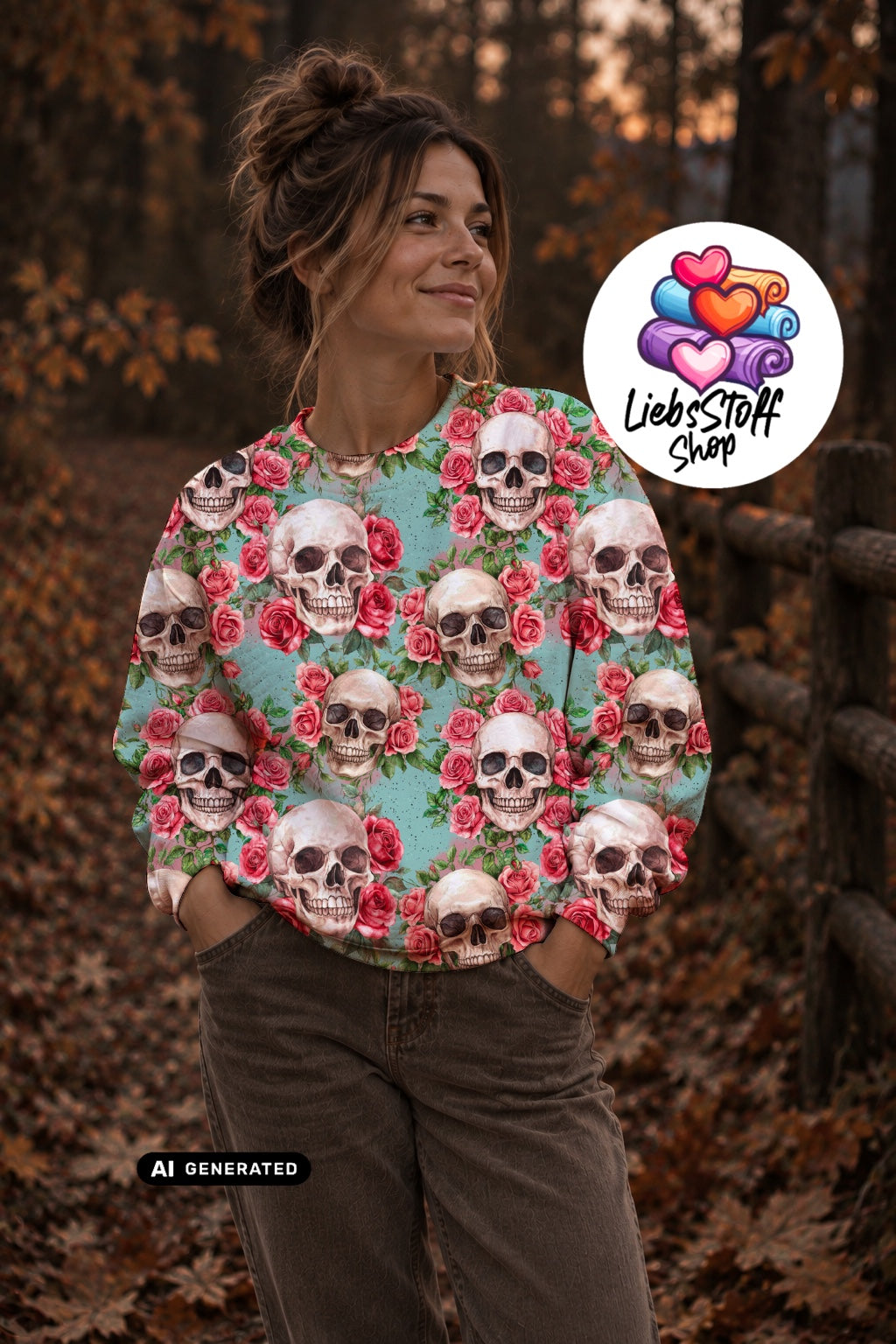 Meterware Stoff Totenkopf in Rosen auf Mini