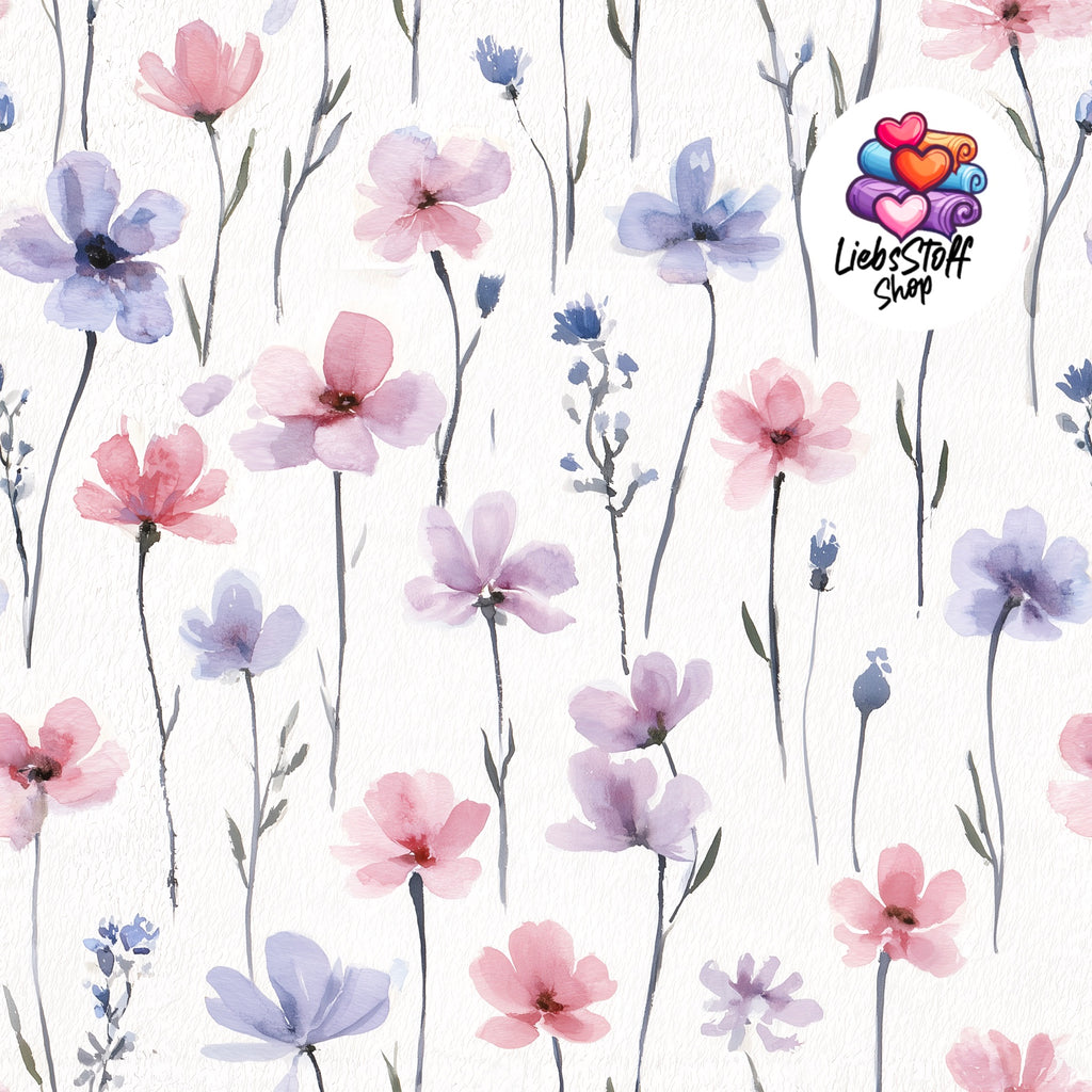 Meterware Stoff Wildblumen auf weiss