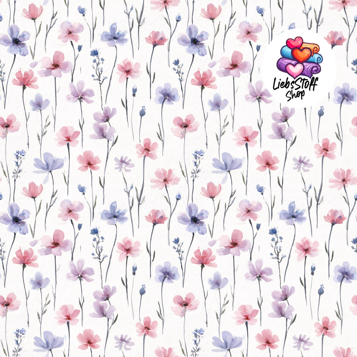 Meterware Stoff Wildblumen auf weiss