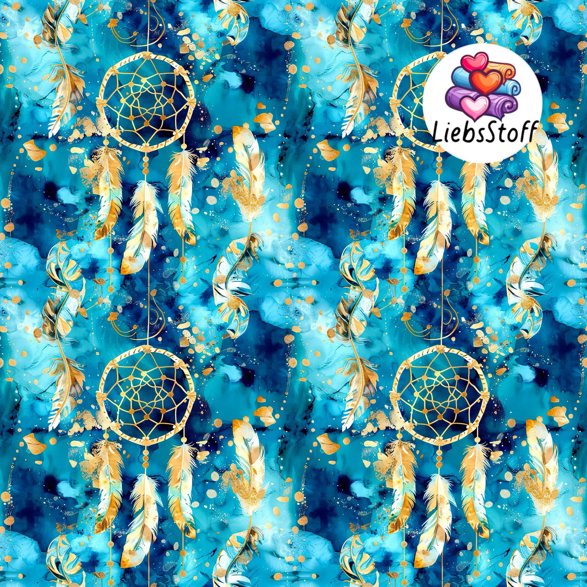 Meterware Stoff Traumfänger watercolor teal gold