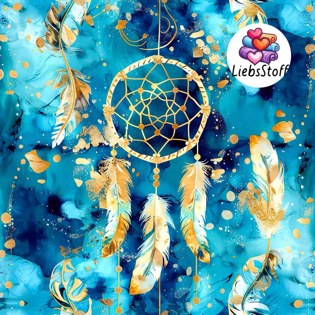Meterware Stoff Traumfänger watercolor teal gold